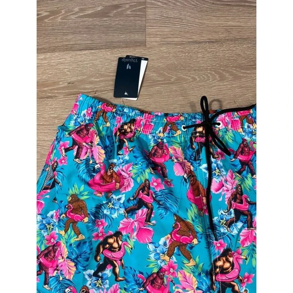 Tropical Bigfoot Flamingo Swim Trunks Men's XL Blue Mesh Lined Shorts